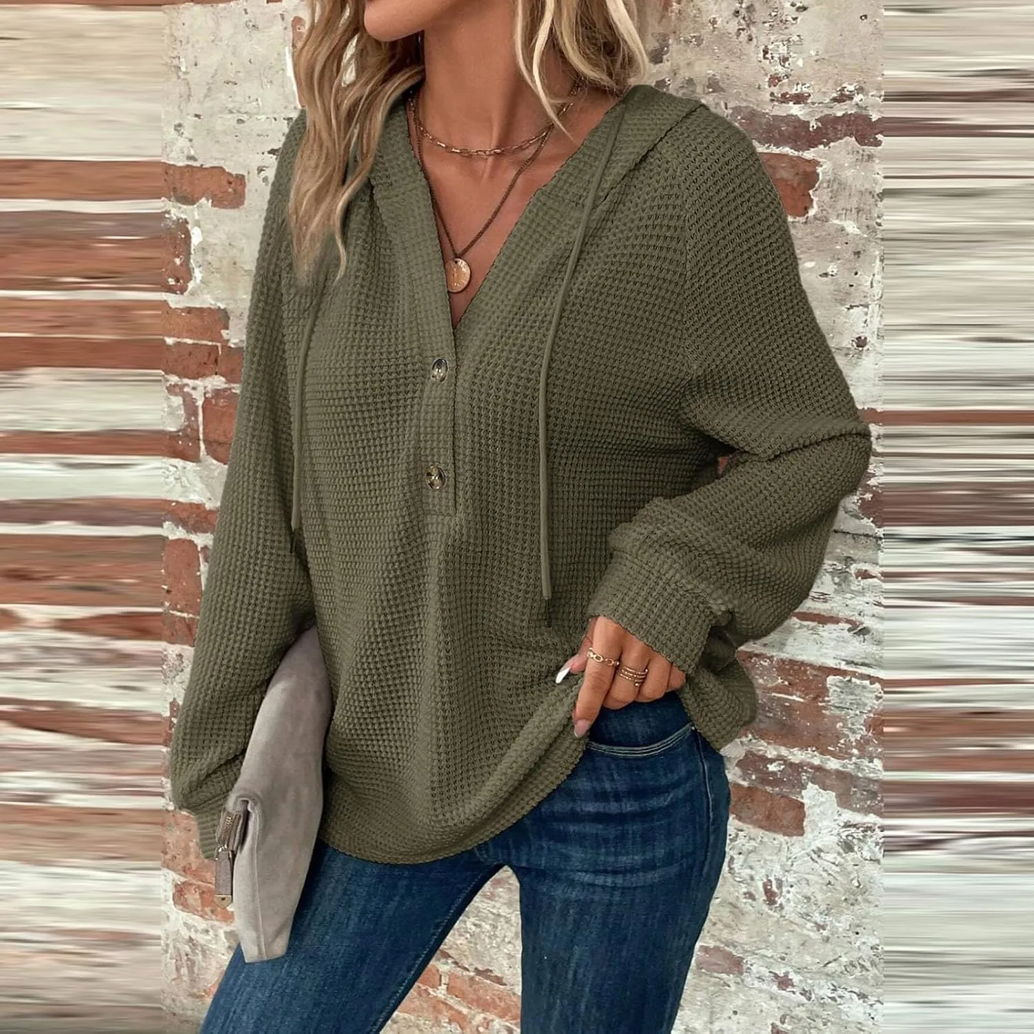 Hoodies for Women Fall Fashion 2024 Waffle Knit Tops Button V Neck Casual Hooded Pullover Oversized Sweatshirt