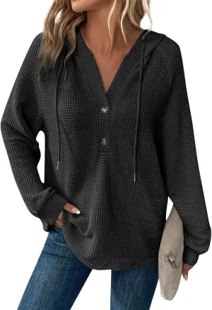 Hoodies for Women Fall Fashion 2024 Waffle Knit Tops Button V Neck Casual Hooded Pullover Oversized Sweatshirt