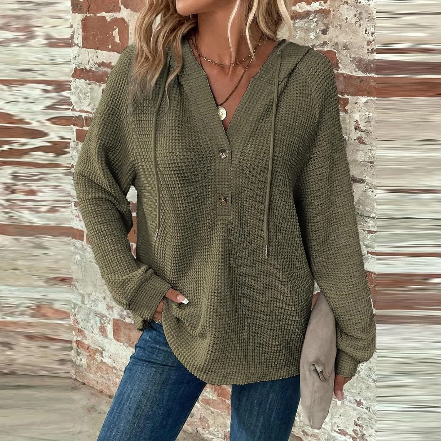 Hoodies for Women Fall Fashion 2024 Waffle Knit Tops Button V Neck Casual Hooded Pullover Oversized Sweatshirt