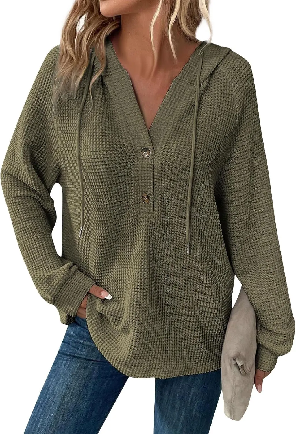 Hoodies for Women Fall Fashion 2024 Waffle Knit Tops Button V Neck Casual Hooded Pullover Oversized Sweatshirt