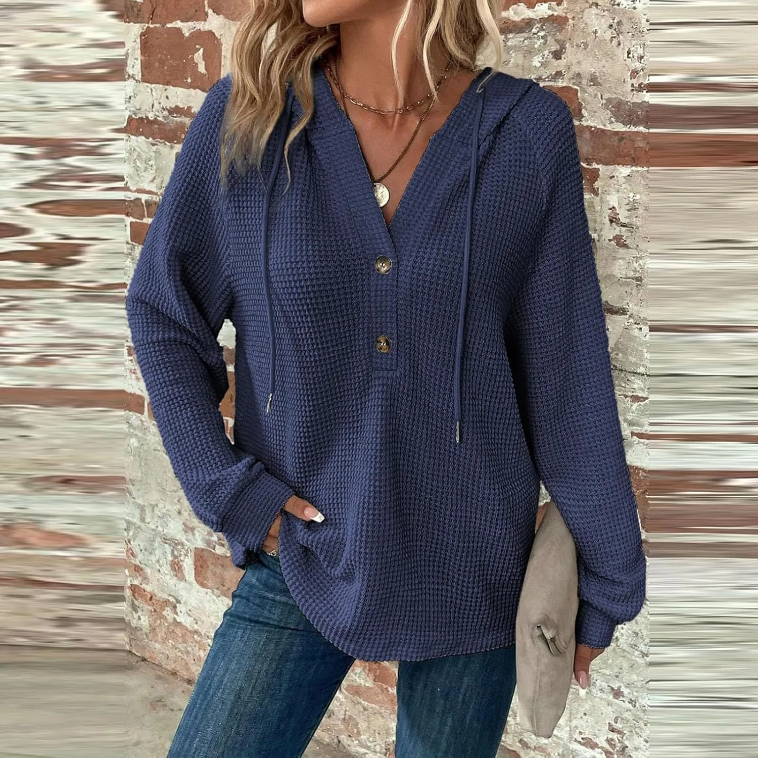 Hoodies for Women Fall Fashion 2024 Waffle Knit Tops Button V Neck Casual Hooded Pullover Oversized Sweatshirt