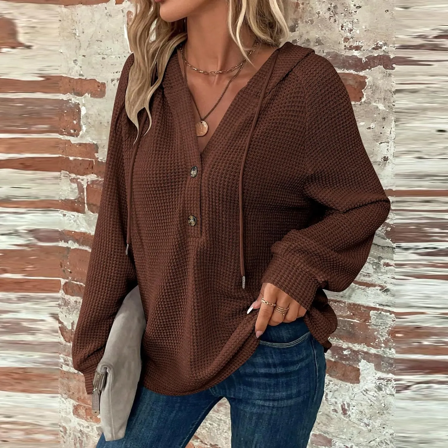 Hoodies for Women Fall Fashion 2024 Waffle Knit Tops Button V Neck Casual Hooded Pullover Oversized Sweatshirt