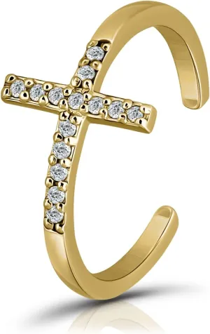 Hoops & Loops 925 Sterling Silver Cubic Zirconia Sideways Cross Open Toe Ring for Women Men