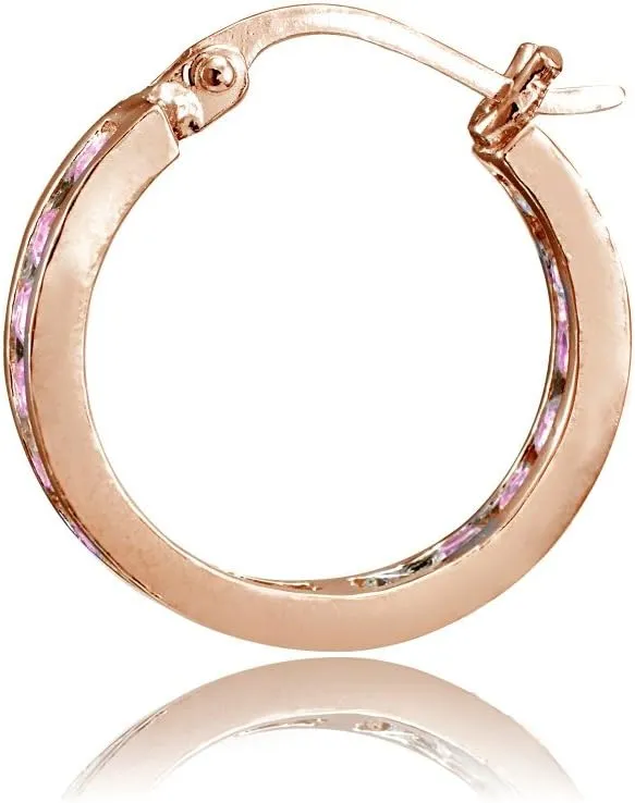 Hoops & Loops 925 Sterling Silver Pink Cubic Zirconia Inside Out Channel-Set Round Click-Top Hoop Earrings for Women Teen Girls