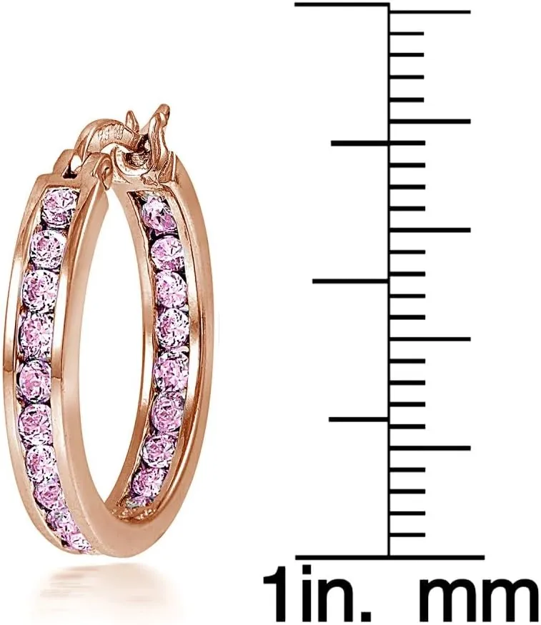 Hoops & Loops 925 Sterling Silver Pink Cubic Zirconia Inside Out Channel-Set Round Click-Top Hoop Earrings for Women Teen Girls