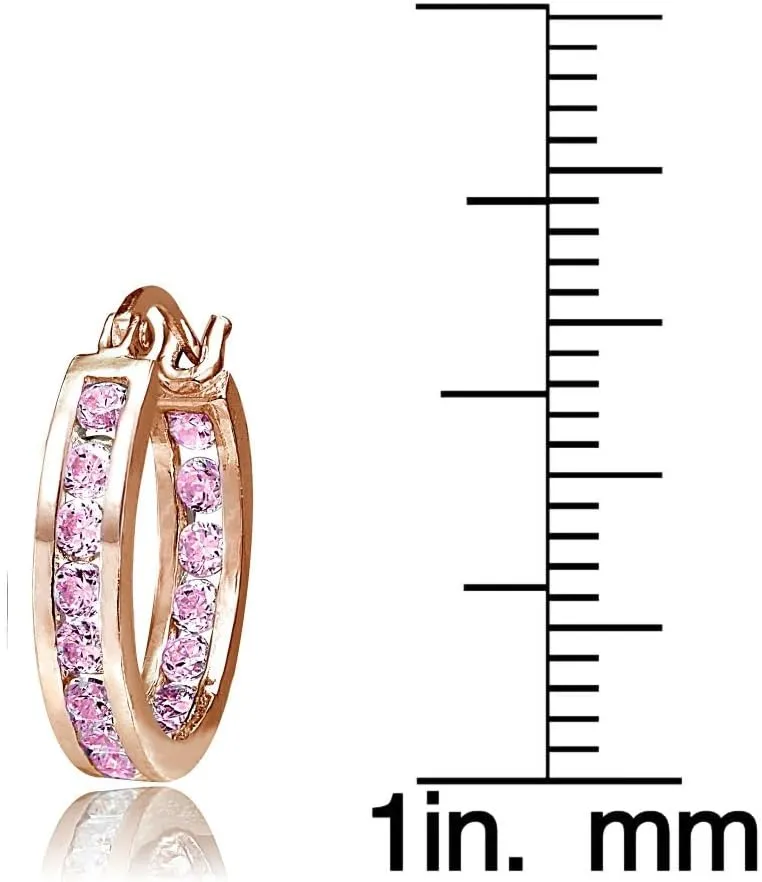 Hoops & Loops 925 Sterling Silver Pink Cubic Zirconia Inside Out Channel-Set Round Click-Top Hoop Earrings for Women Teen Girls