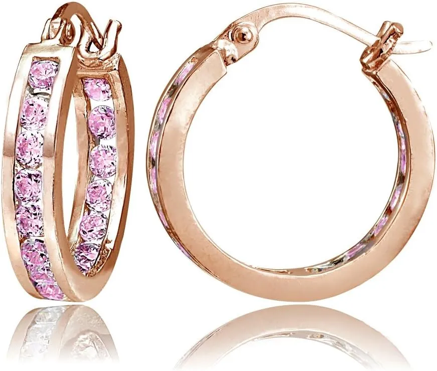 Hoops & Loops 925 Sterling Silver Pink Cubic Zirconia Inside Out Channel-Set Round Click-Top Hoop Earrings for Women Teen Girls