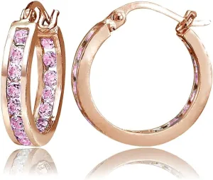 Hoops & Loops 925 Sterling Silver Pink Cubic Zirconia Inside Out Channel-Set Round Click-Top Hoop Earrings for Women Teen Girls