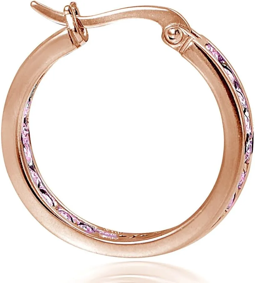 Hoops & Loops 925 Sterling Silver Pink Cubic Zirconia Inside Out Channel-Set Round Click-Top Hoop Earrings for Women Teen Girls
