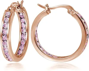 Hoops & Loops 925 Sterling Silver Pink Cubic Zirconia Inside Out Channel-Set Round Click-Top Hoop Earrings for Women Teen Girls