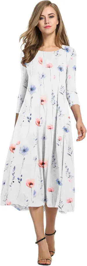 HOTOUCH Women's 3/4 Sleeve A-line and Flare Midi Long Dress