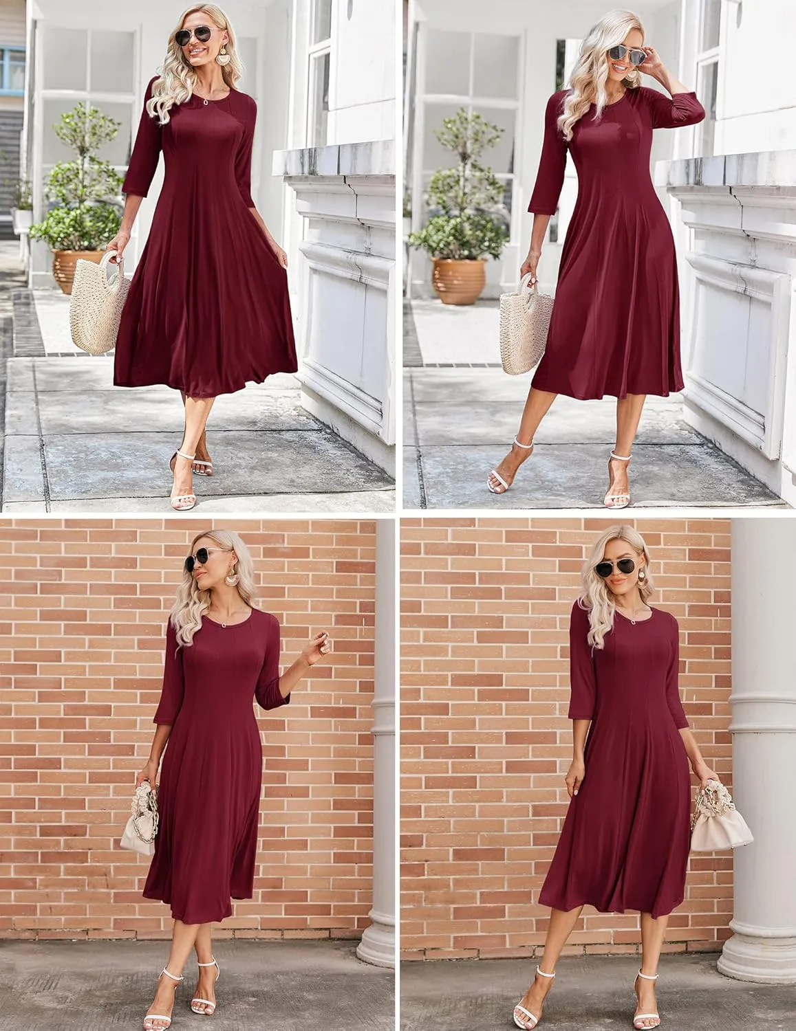 HOTOUCH Women's 3/4 Sleeve A-line and Flare Midi Long Dress