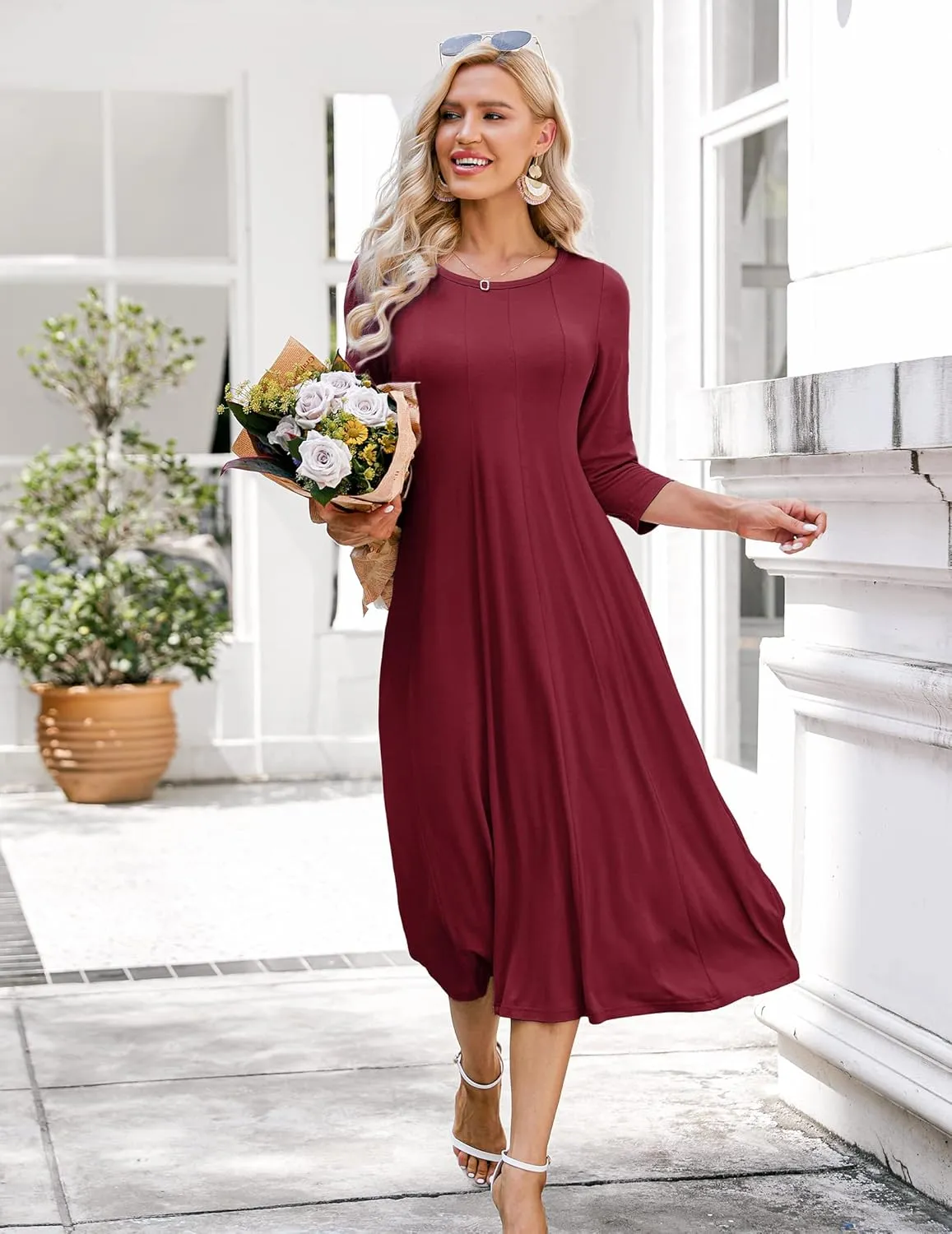 HOTOUCH Women's 3/4 Sleeve A-line and Flare Midi Long Dress