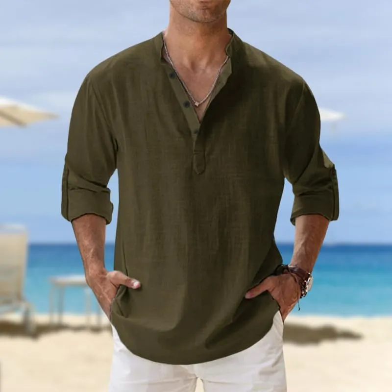 HOTYD Men's Casual Henley Shirt Long Sleeve Stand Collar Shirts Loose Fit Solid Color Cotton Linen Beach Tops