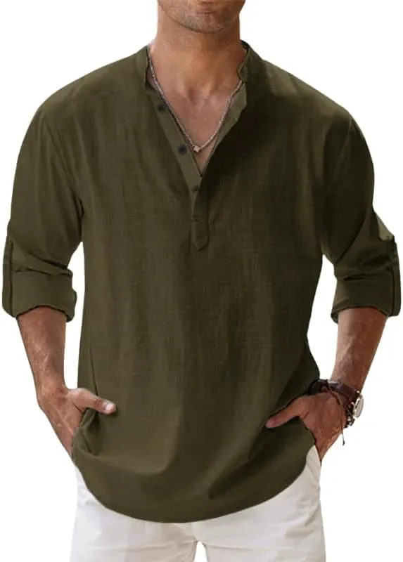 HOTYD Men's Casual Henley Shirt Long Sleeve Stand Collar Shirts Loose Fit Solid Color Cotton Linen Beach Tops