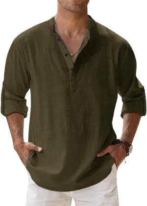HOTYD Men's Casual Henley Shirt Long Sleeve Stand Collar Shirts Loose Fit Solid Color Cotton Linen Beach Tops