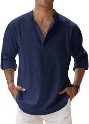 HOTYD Men's Casual Henley Shirt Long Sleeve Stand Collar Shirts Loose Fit Solid Color Cotton Linen Beach Tops