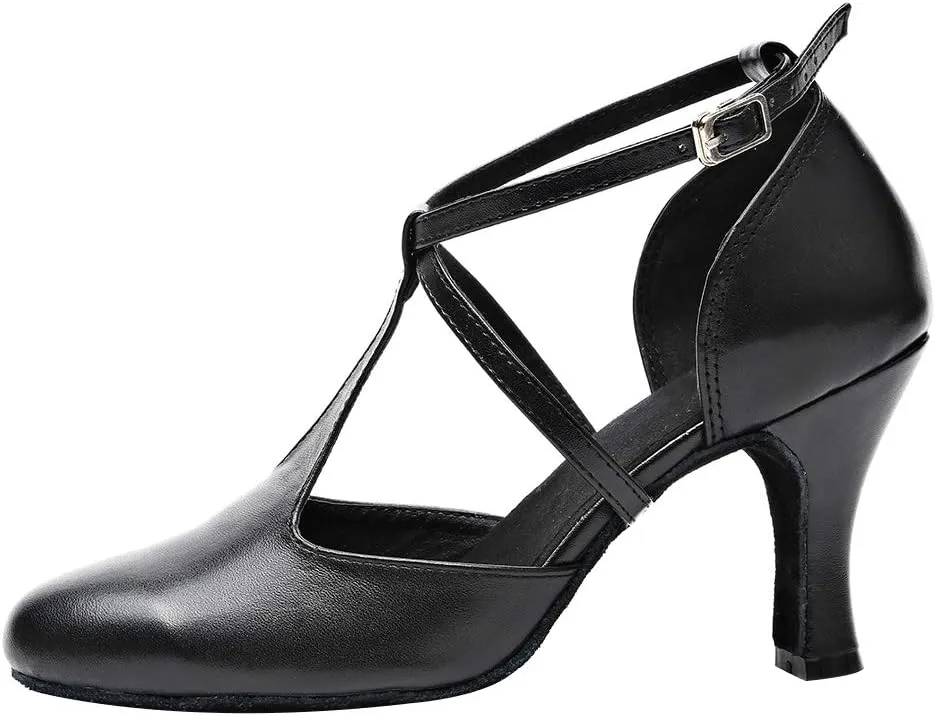 HROYL Character Dance Shoes for Women T-Strap Modern Latin Salsa Tango Shoes Ballroom Dance Heels,Model YCL217/272