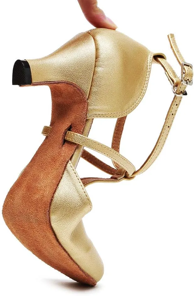 HROYL Character Dance Shoes for Women T-Strap Modern Latin Salsa Tango Shoes Ballroom Dance Heels,Model YCL217/272