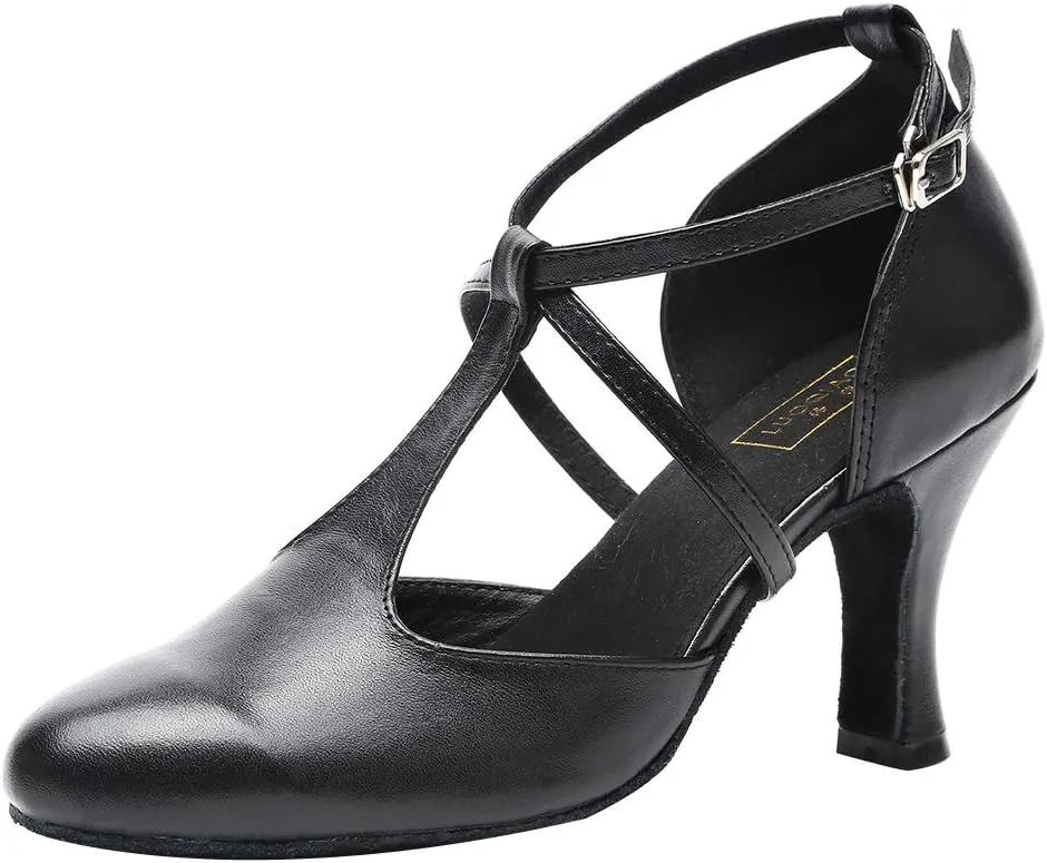 HROYL Character Dance Shoes for Women T-Strap Modern Latin Salsa Tango Shoes Ballroom Dance Heels,Model YCL217/272
