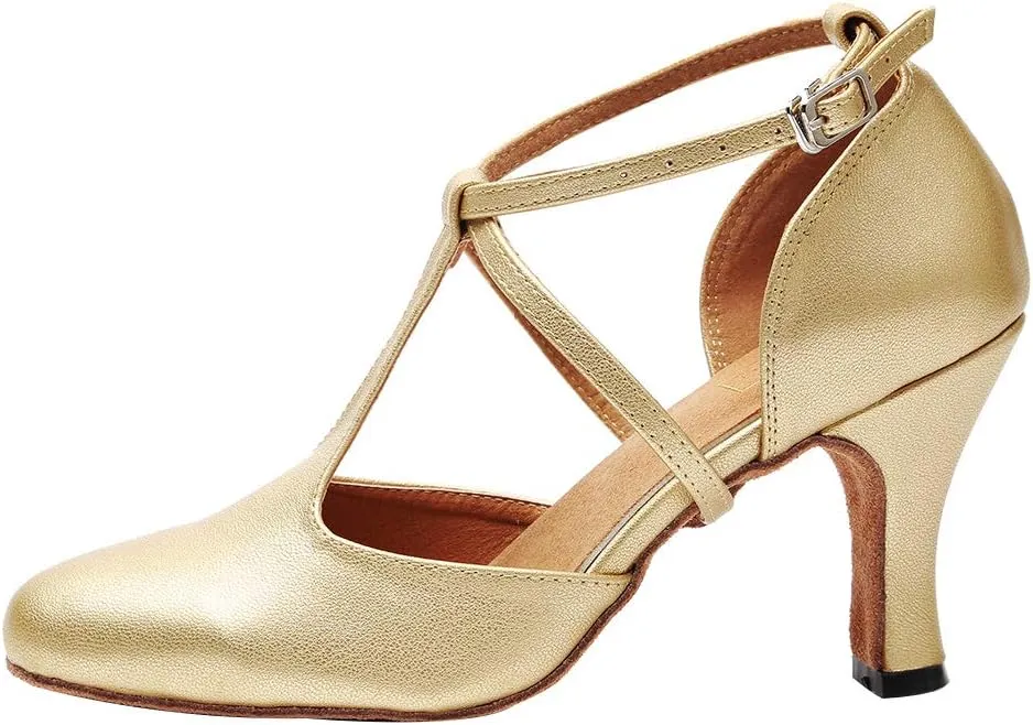 HROYL Character Dance Shoes for Women T-Strap Modern Latin Salsa Tango Shoes Ballroom Dance Heels,Model YCL217/272