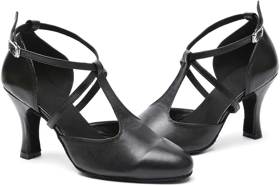 HROYL Character Dance Shoes for Women T-Strap Modern Latin Salsa Tango Shoes Ballroom Dance Heels,Model YCL217/272