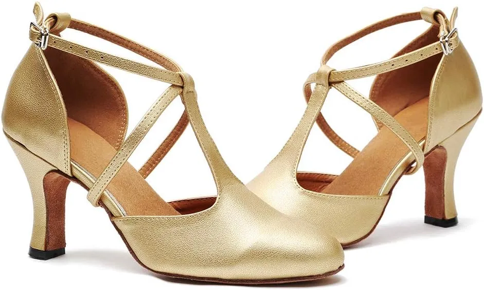HROYL Character Dance Shoes for Women T-Strap Modern Latin Salsa Tango Shoes Ballroom Dance Heels,Model YCL217/272