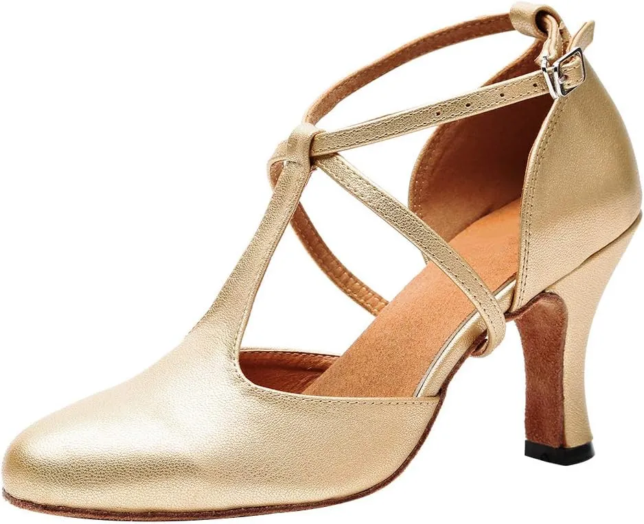 HROYL Character Dance Shoes for Women T-Strap Modern Latin Salsa Tango Shoes Ballroom Dance Heels,Model YCL217/272