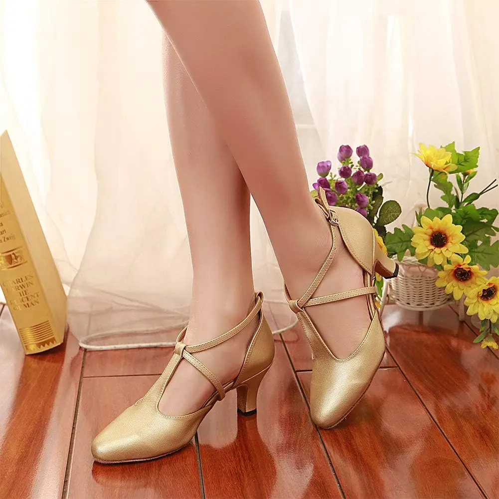 HROYL Character Dance Shoes for Women T-Strap Modern Latin Salsa Tango Shoes Ballroom Dance Heels,Model YCL217/272
