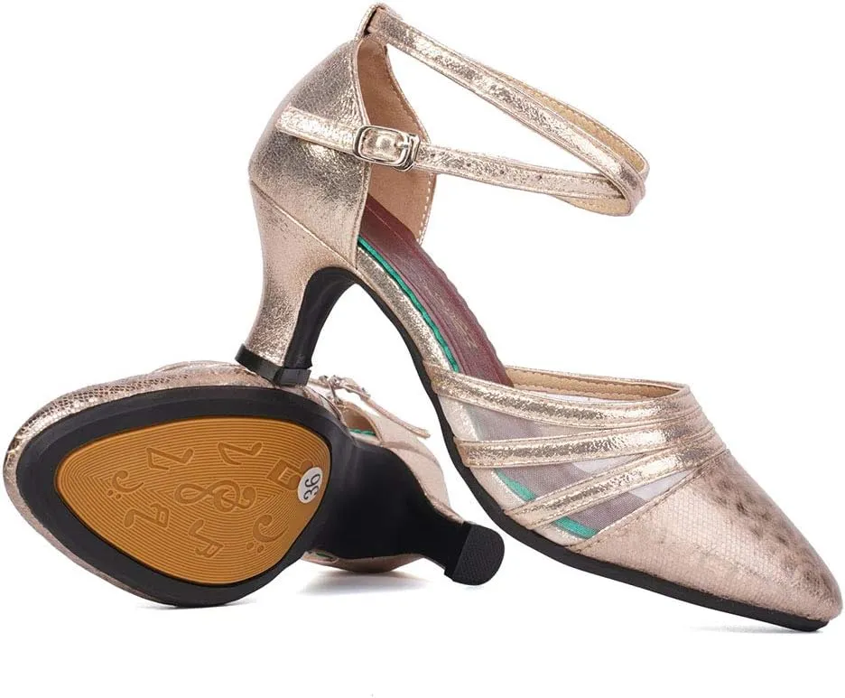 HROYL Women Latin Dance Shoes Closed Toe Salsa Ballroom Practice Heels Party Shoes,Model DYN302
