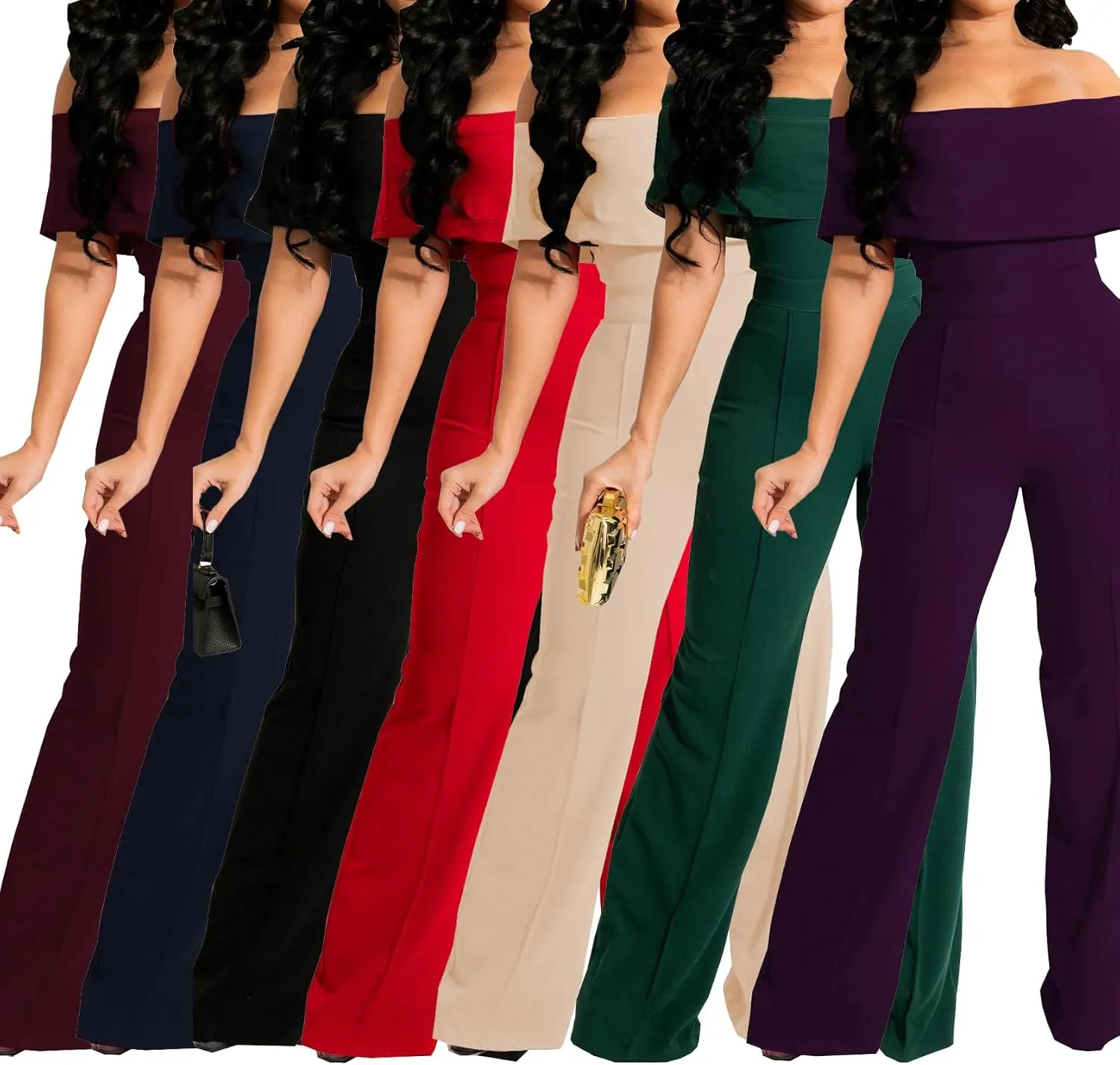 HugeNice Women's Sexy Off Shoulder Ruffle Jumpsuits Elegant Wide Leg Long Pants Clubwear Rompers with Pockets