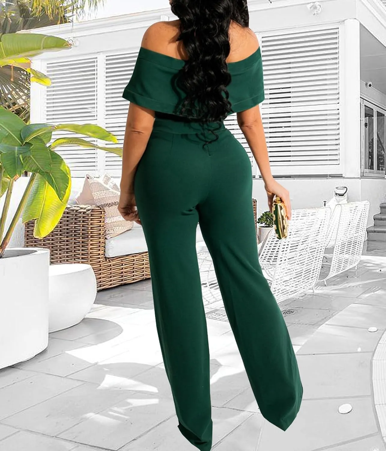 HugeNice Women's Sexy Off Shoulder Ruffle Jumpsuits Elegant Wide Leg Long Pants Clubwear Rompers with Pockets