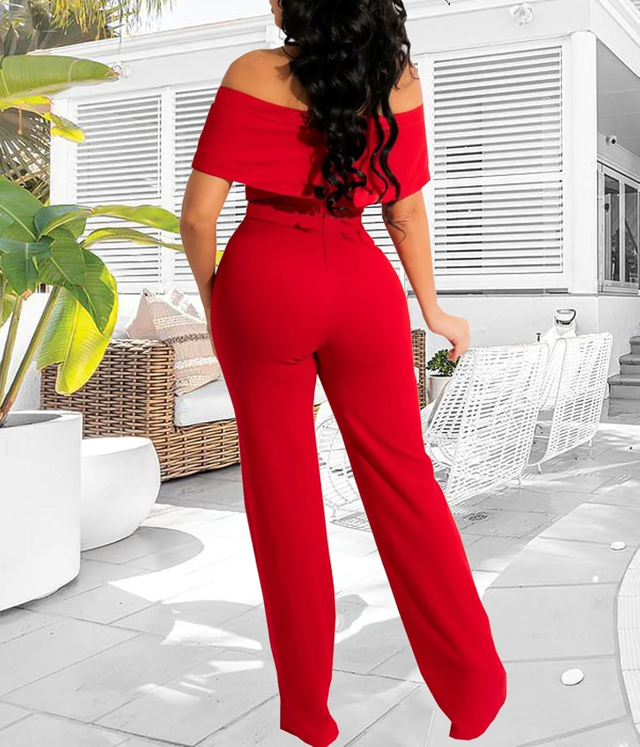 HugeNice Women's Sexy Off Shoulder Ruffle Jumpsuits Elegant Wide Leg Long Pants Clubwear Rompers with Pockets