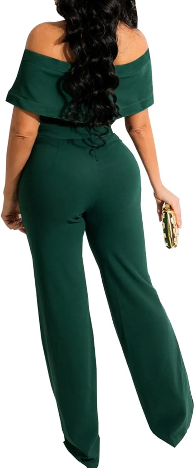 HugeNice Women's Sexy Off Shoulder Ruffle Jumpsuits Elegant Wide Leg Long Pants Clubwear Rompers with Pockets