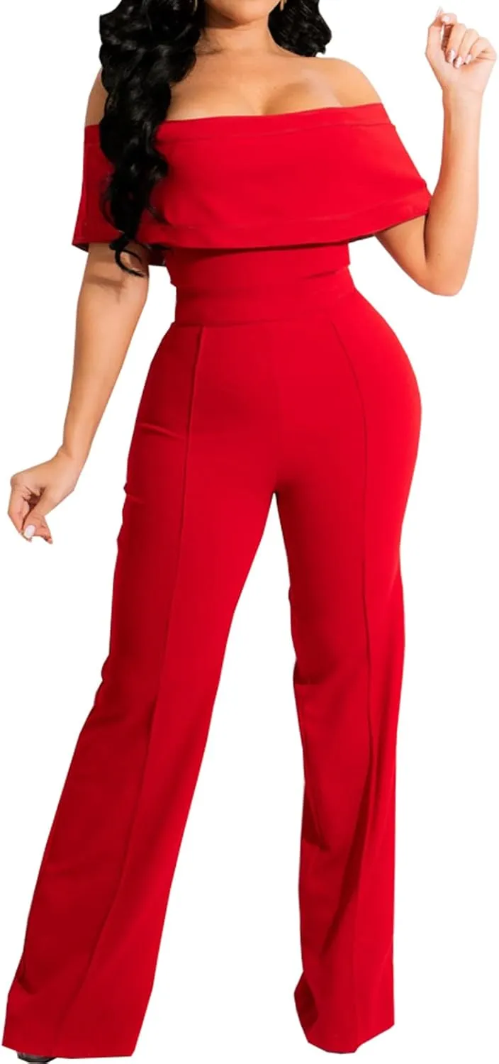HugeNice Women's Sexy Off Shoulder Ruffle Jumpsuits Elegant Wide Leg Long Pants Clubwear Rompers with Pockets