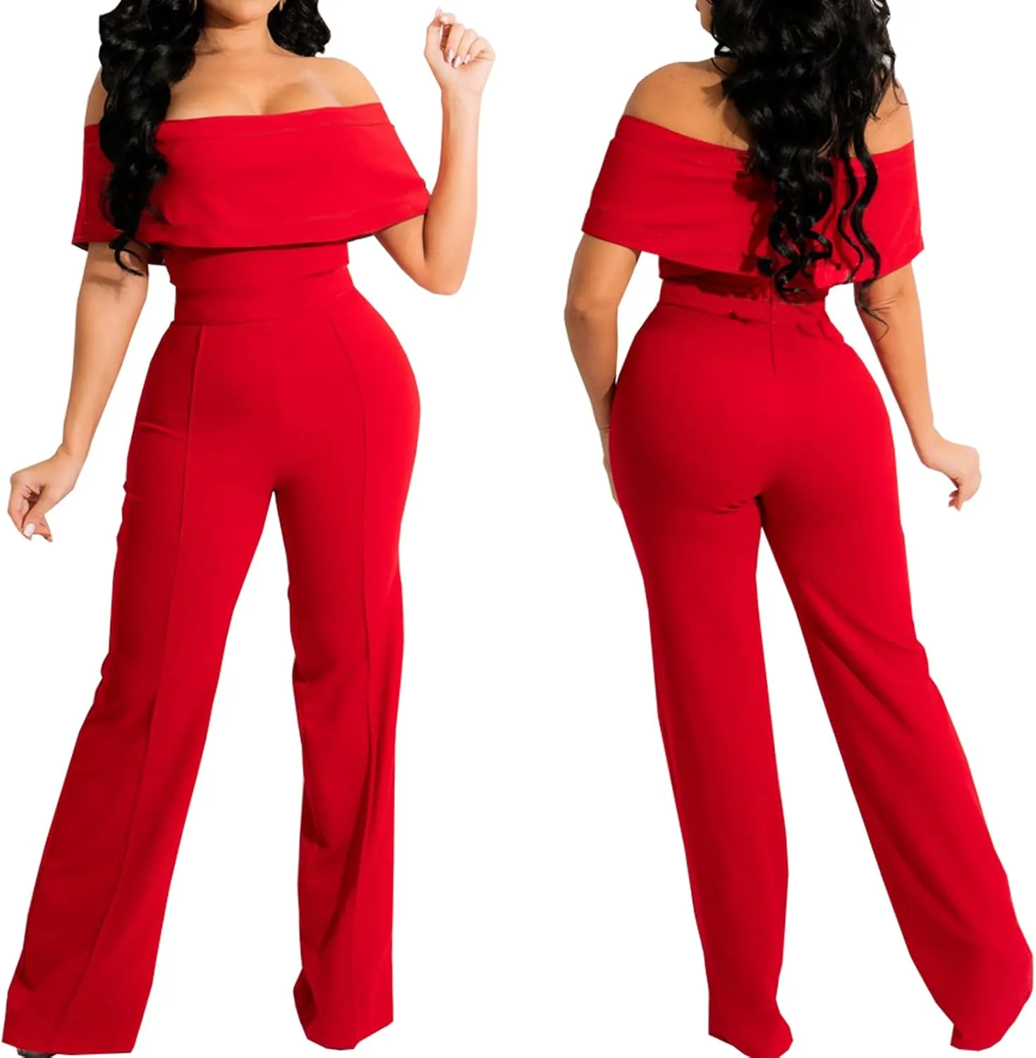 HugeNice Women's Sexy Off Shoulder Ruffle Jumpsuits Elegant Wide Leg Long Pants Clubwear Rompers with Pockets