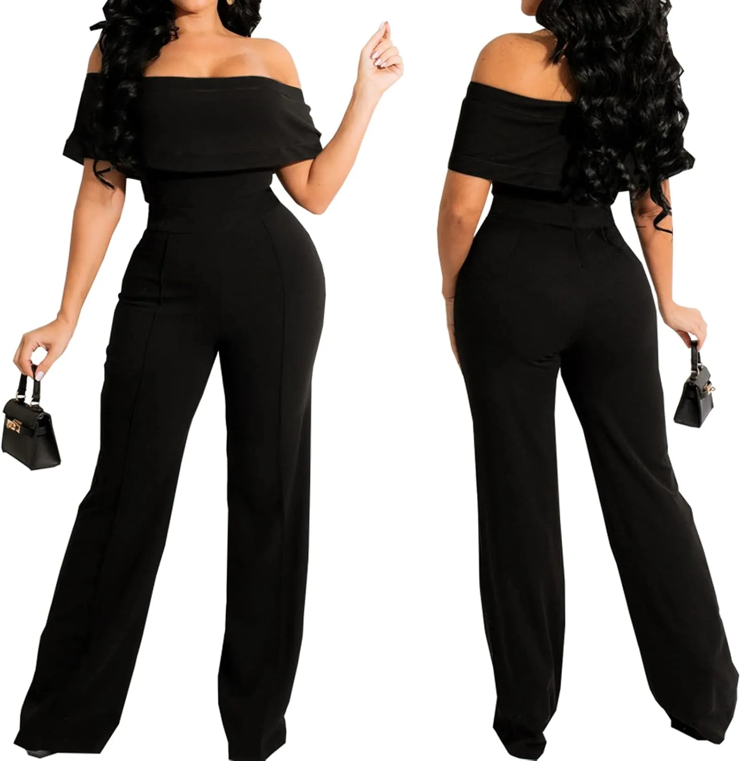 HugeNice Women's Sexy Off Shoulder Ruffle Jumpsuits Elegant Wide Leg Long Pants Clubwear Rompers with Pockets