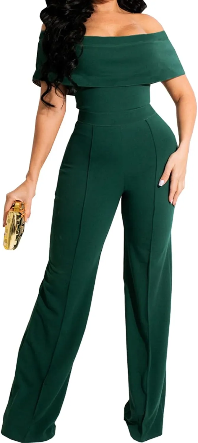 HugeNice Women's Sexy Off Shoulder Ruffle Jumpsuits Elegant Wide Leg Long Pants Clubwear Rompers with Pockets