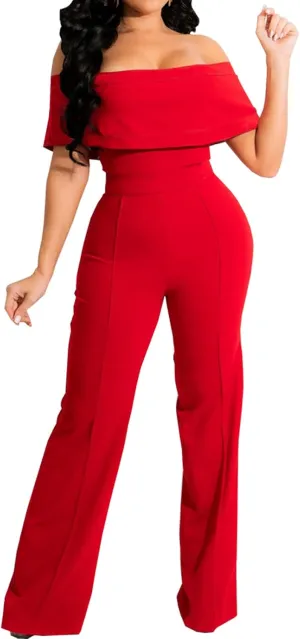 HugeNice Women's Sexy Off Shoulder Ruffle Jumpsuits Elegant Wide Leg Long Pants Clubwear Rompers with Pockets