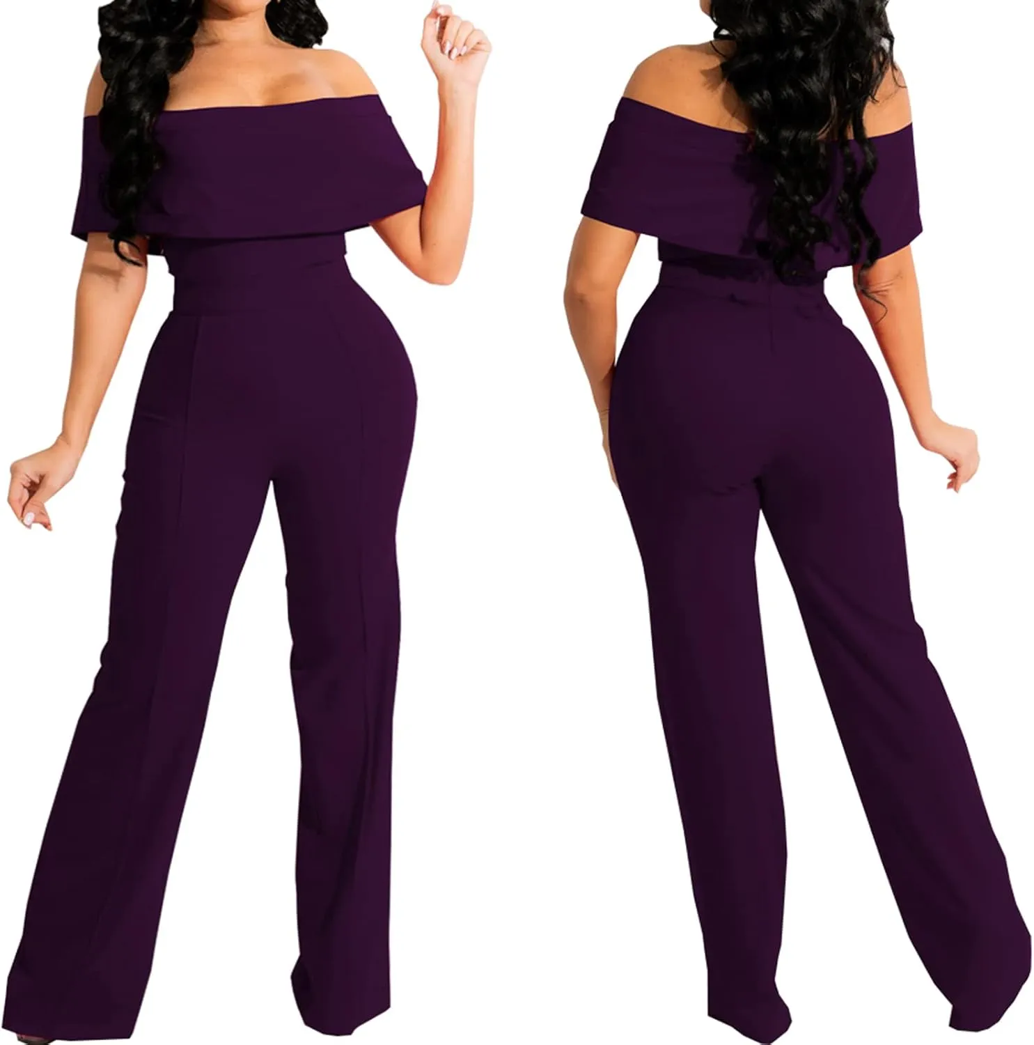 HugeNice Women's Sexy Off Shoulder Ruffle Jumpsuits Elegant Wide Leg Long Pants Clubwear Rompers with Pockets