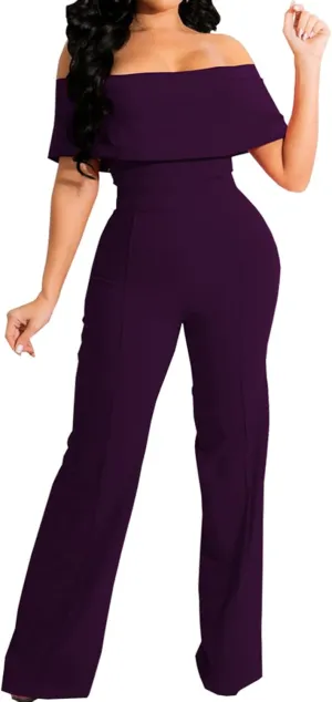 HugeNice Women's Sexy Off Shoulder Ruffle Jumpsuits Elegant Wide Leg Long Pants Clubwear Rompers with Pockets