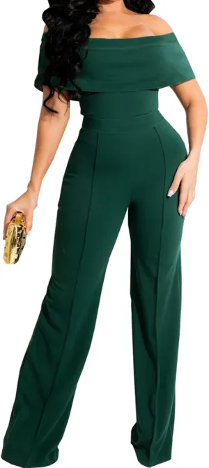 HugeNice Women's Sexy Off Shoulder Ruffle Jumpsuits Elegant Wide Leg Long Pants Clubwear Rompers with Pockets