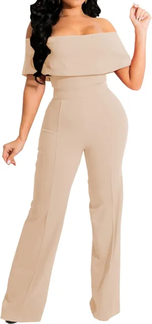 HugeNice Women's Sexy Off Shoulder Ruffle Jumpsuits Elegant Wide Leg Long Pants Clubwear Rompers with Pockets