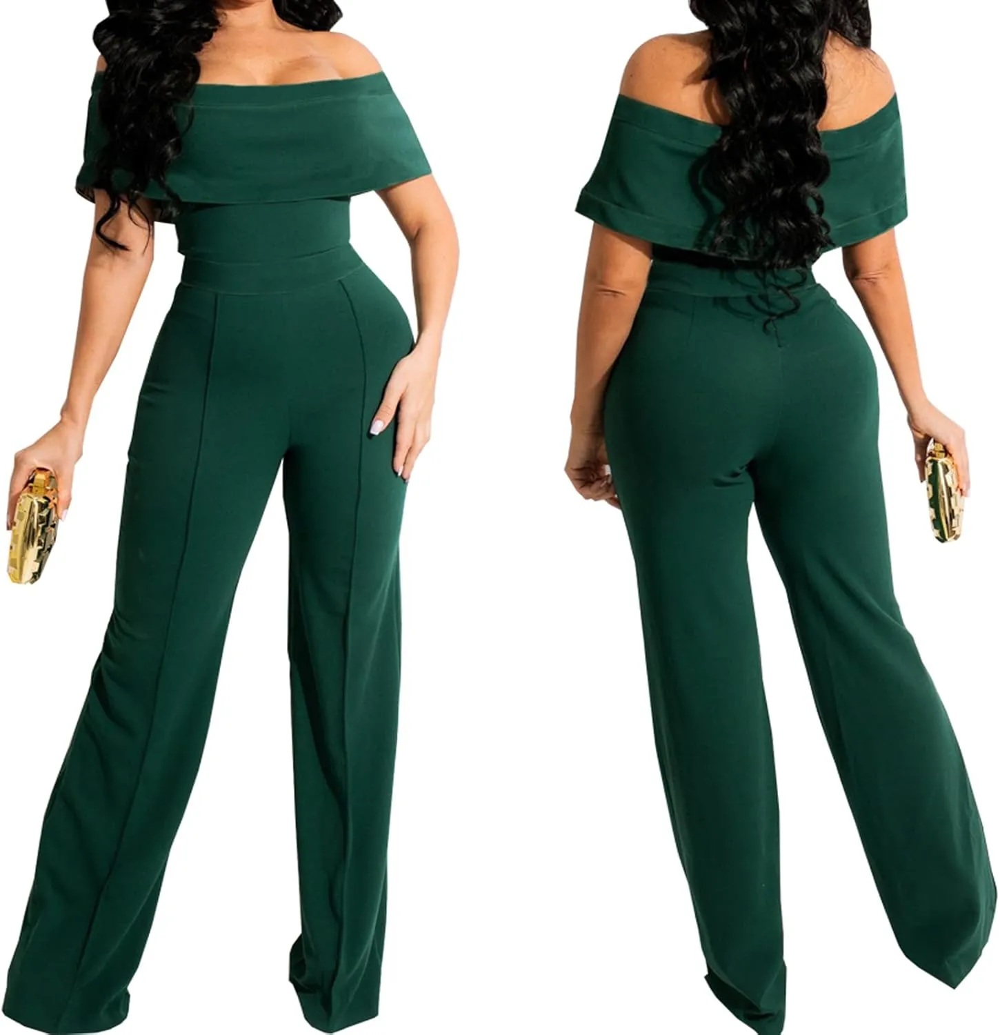 HugeNice Women's Sexy Off Shoulder Ruffle Jumpsuits Elegant Wide Leg Long Pants Clubwear Rompers with Pockets