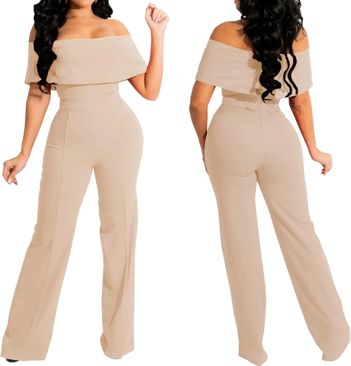 HugeNice Women's Sexy Off Shoulder Ruffle Jumpsuits Elegant Wide Leg Long Pants Clubwear Rompers with Pockets