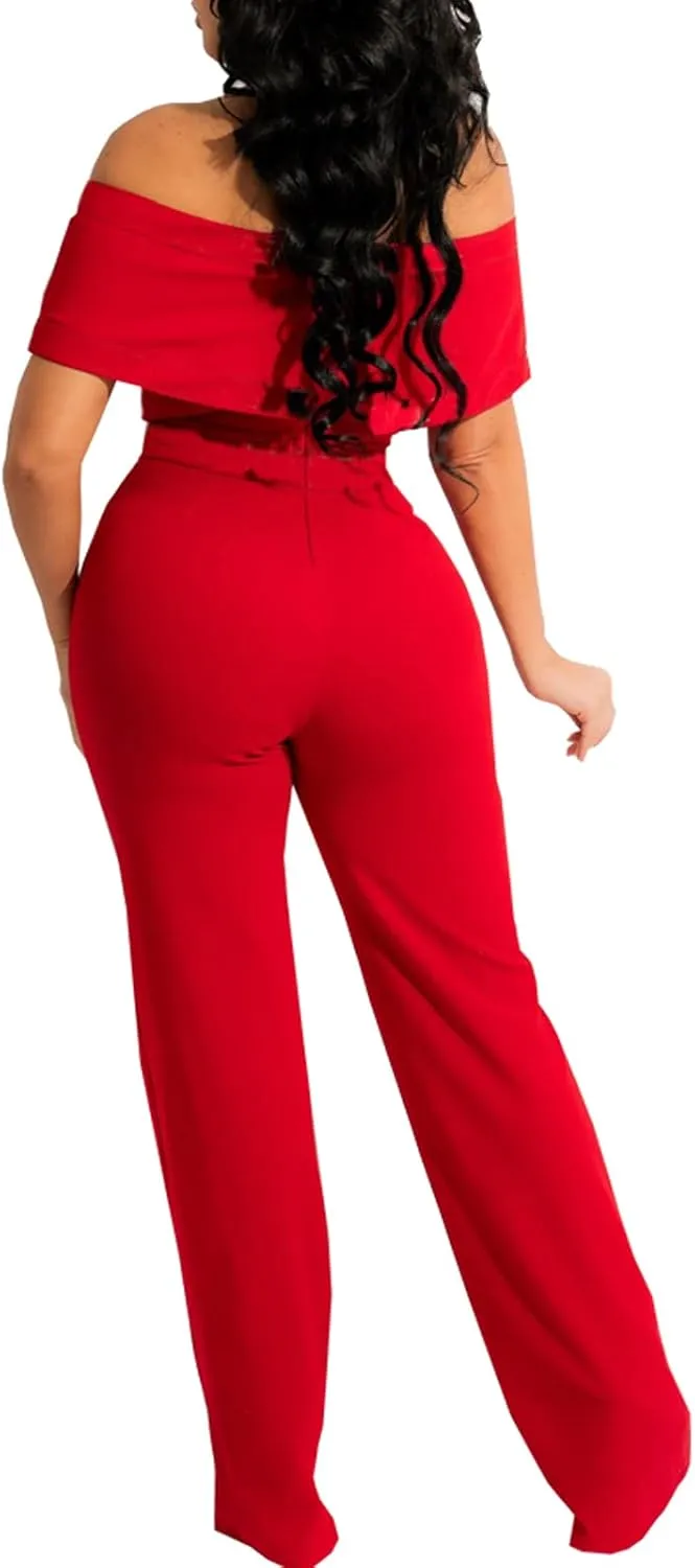 HugeNice Women's Sexy Off Shoulder Ruffle Jumpsuits Elegant Wide Leg Long Pants Clubwear Rompers with Pockets