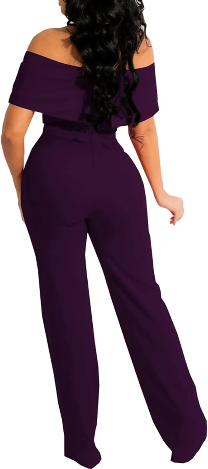 HugeNice Women's Sexy Off Shoulder Ruffle Jumpsuits Elegant Wide Leg Long Pants Clubwear Rompers with Pockets