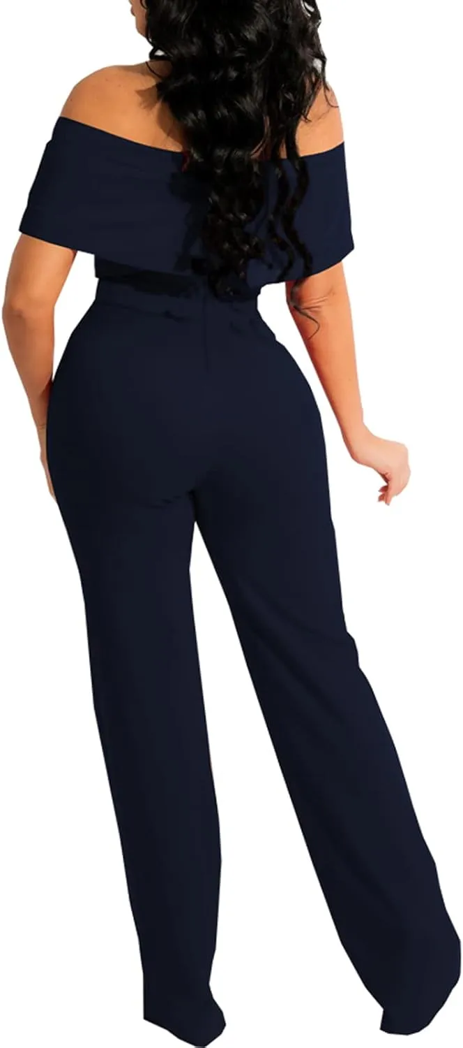 HugeNice Women's Sexy Off Shoulder Ruffle Jumpsuits Elegant Wide Leg Long Pants Clubwear Rompers with Pockets