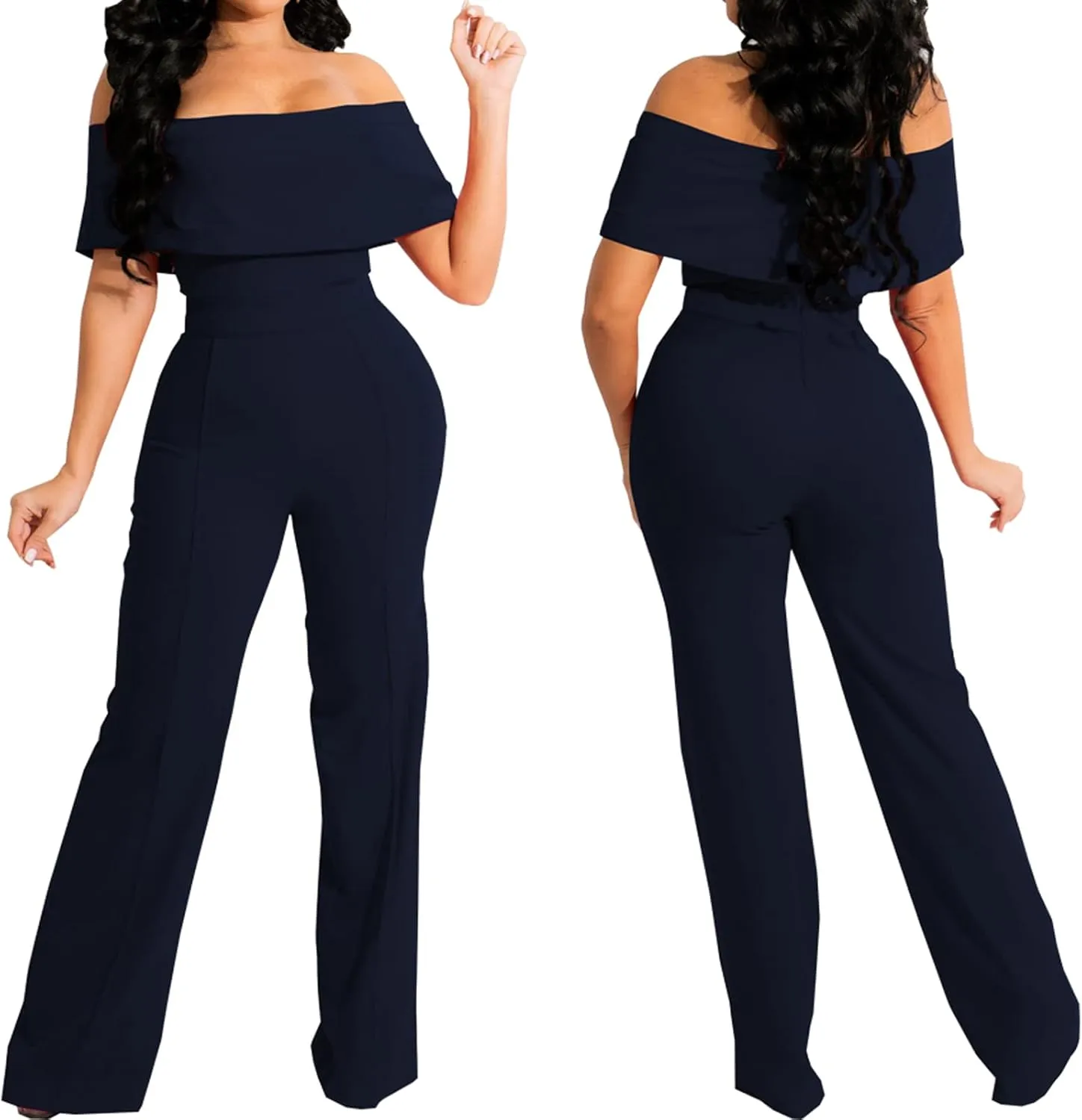 HugeNice Women's Sexy Off Shoulder Ruffle Jumpsuits Elegant Wide Leg Long Pants Clubwear Rompers with Pockets