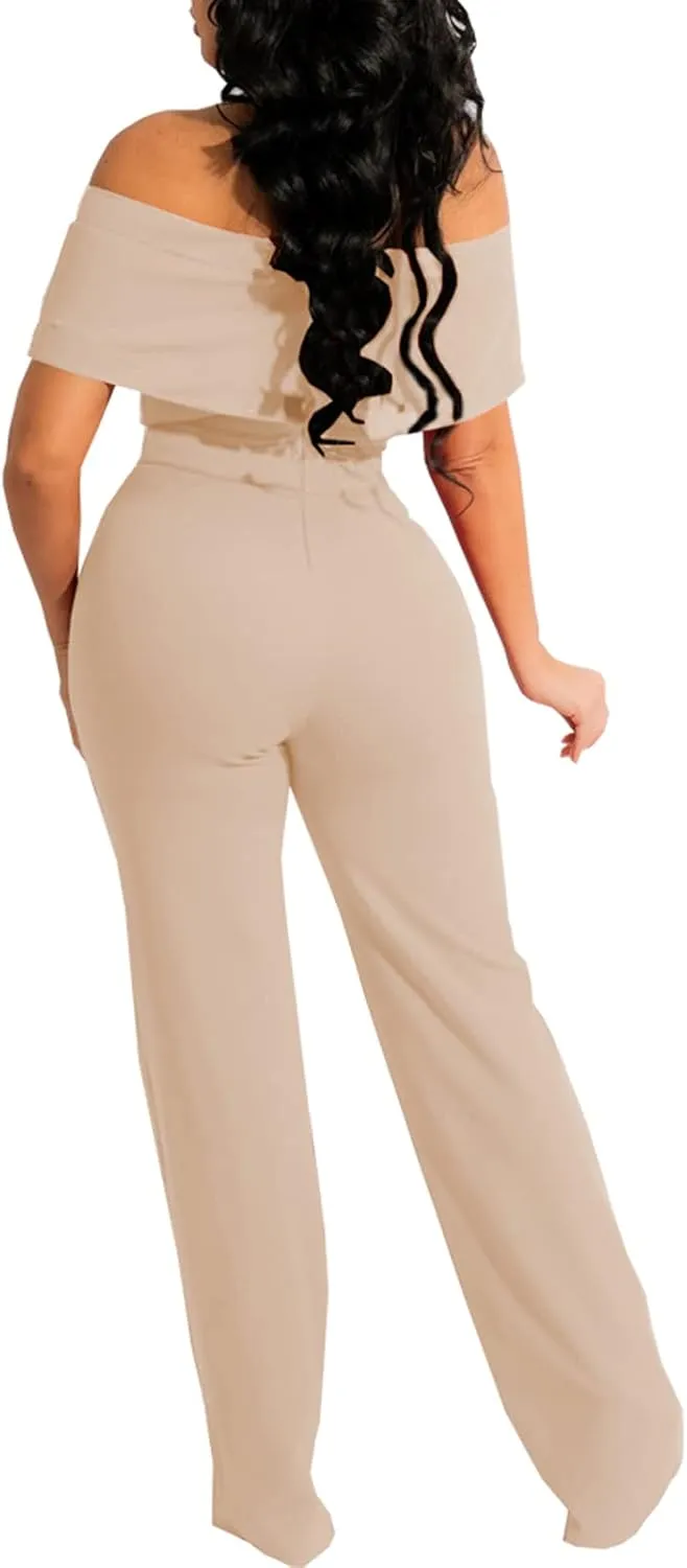 HugeNice Women's Sexy Off Shoulder Ruffle Jumpsuits Elegant Wide Leg Long Pants Clubwear Rompers with Pockets
